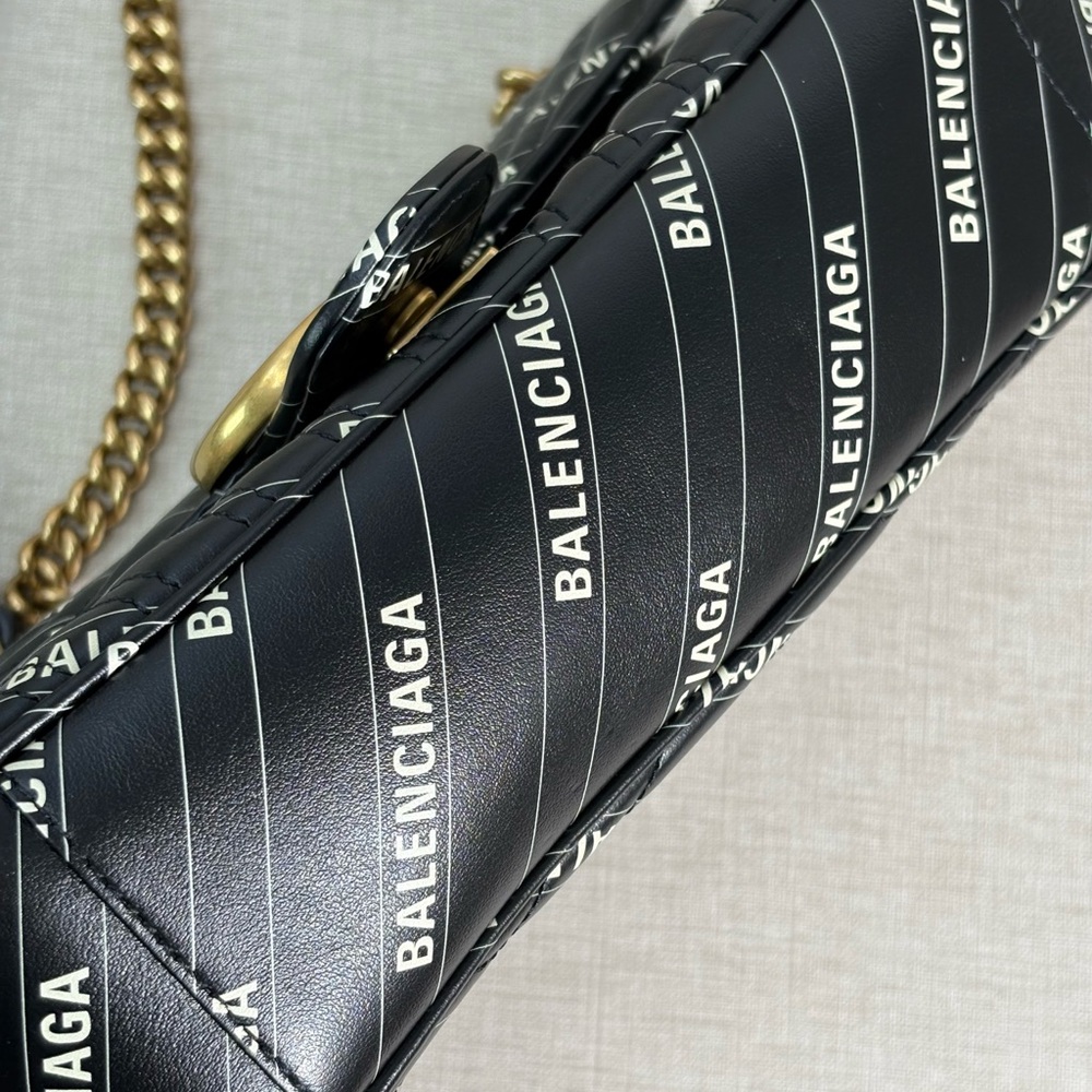 GUCCI Black Leather GG Marmont Shoulder Bag with Balenciaga Print Medium GHW - Picture 8 of 17